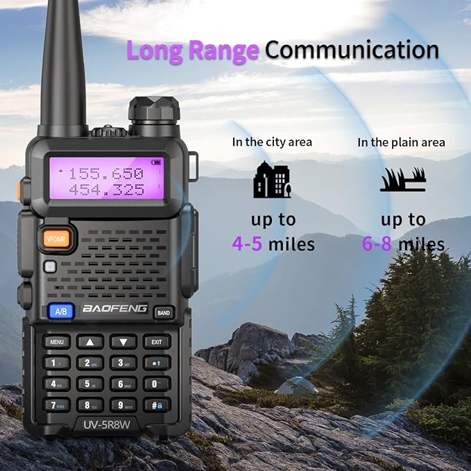 Baofeng UV-5R 8W Ham Radio Handheld Long Range UV5R Two Way Radio with Double Battery Extra Programming Cable Speaker Mic Rechargeable Walkie Talkies (Black-8W 1Pack Full Kits)