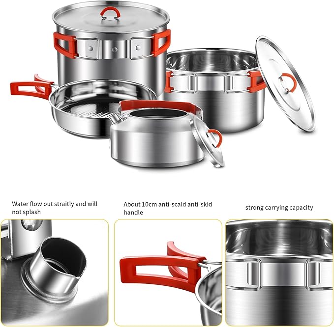 Camping Cookware Set,Camping Cooking Set,304 Stainless Steel Camping Pots and Pans Set,Camping Gear for Hiking Outdoor Cooking Picnics for 2-4 People