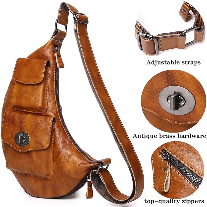 KPYWZER Genuine Leather Sling Bag for Men Women Crossbody Purse Chest Bag Shoulder Backpack Motorcycle Pack Satchel Casual Hiking Travel Daypack