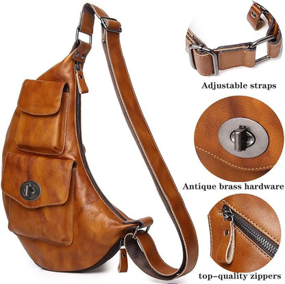 KPYWZER Genuine Leather Sling Bag for Men Women Crossbody Purse Chest Bag Shoulder Backpack Motorcycle Pack Satchel Casual Hiking Travel Daypack