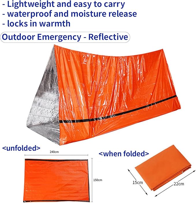 Emergency Thermal Tent - Reflective Mylar, Fits 2 Adults, Waterproof Tube Tent for Survival, Camping, and Outdoor Activities Thermal Sleeping Bag