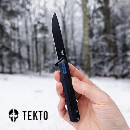 F2 Bravo Folding Pocket Knife - D2 Steel Blade, Ceramic Ball Bearings - EDC - Snap, Swift Flip for Camping, Backpacking - 2.4oz (68g), G10 Black Handle, Blue Titanium Accents