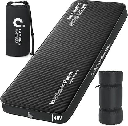 Self Inflating Sleeping Pad, 4in Ultra-Thick Foam Camping Cot Mattress with Air Pump Sack, Sleeping Mat for Adults Inflatable Camping Pad Mattress, Single Cot Bed, Travel, Car, Tent, Home, Black