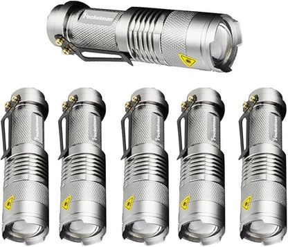 6 Pack,Pocketman 7W 300LM 3 Modes Mini Light Silver LED Tactical Flashlight