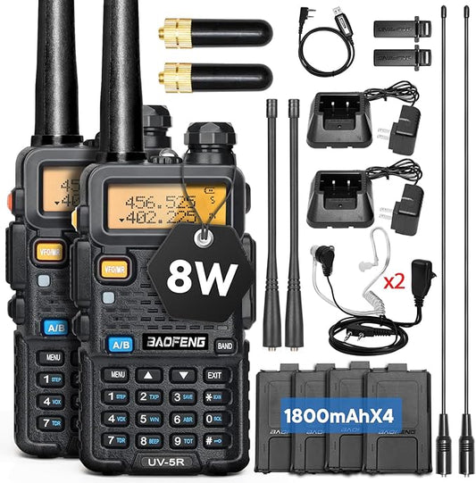 BAOFENG UV-5R Ham Radios Long Range—8W Dual Band Rechargeable Walkie Talkie Portable Two-Way Radios, UV5R Handheld Radio with Four 1800mAh Li-ion Batteries (2 Pack)