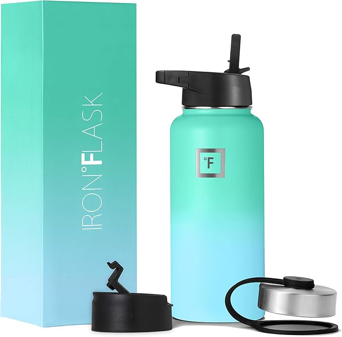 IRON °FLASK Camping & Hiking Hydration Flask, Wide Mouth, 3 Straw Lids, Stainless Steel Outdoor Water Bottle, Double Walled, Insulated Thermos, Metal Canteen - Sky, 32 Oz