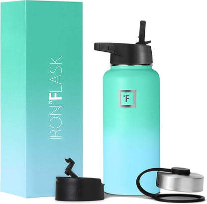 IRON °FLASK Camping & Hiking Hydration Flask, Wide Mouth, 3 Straw Lids, Stainless Steel Outdoor Water Bottle, Double Walled, Insulated Thermos, Metal Canteen - Sky, 32 Oz
