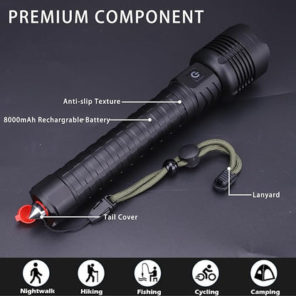 Rechargeable Led Flashlights 12000 Lumens Flashlight 9.3in Handheld Flashlights IP44 Waterproof Zoomable 5 Modes Waterproof Flash Lights for Emergency, Outdoor, Home, Camping, Hiking(Battery Free)