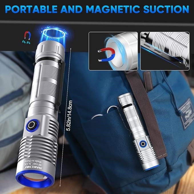NAKCNM Magnetic Flashlight LED Rechargeable Flashlights High Lumens, 25000lm 4 Modes with Clip&Diffuser, Waterproof Super Bright Flashlights for Home Emergency Camping, Dimmable (Black+Silver)