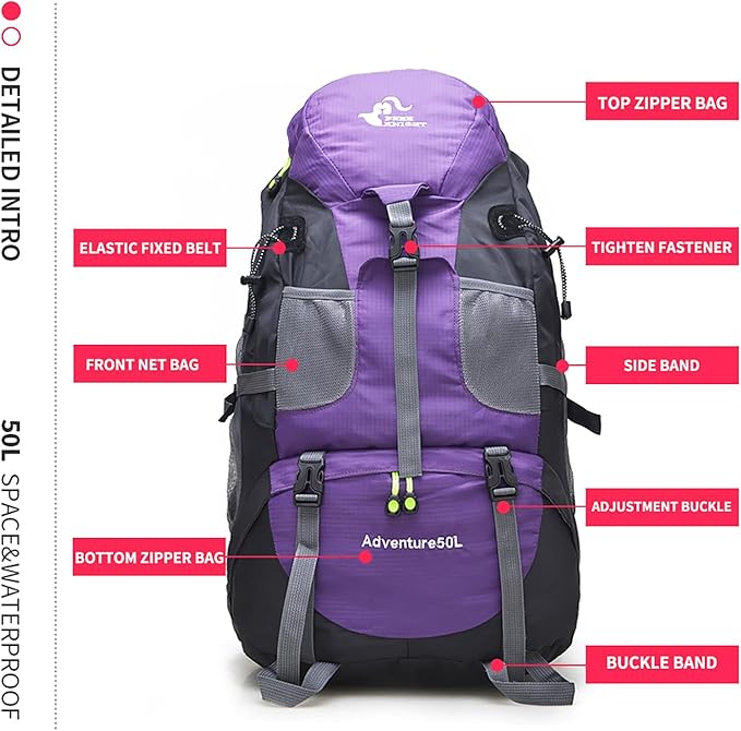 Bseash 50L Hiking Backpack, Water Resistant Lightweight Outdoor Sport Daypack Travel Bag for Camping Climbing Touring (Purple - No Shoe Compartment)