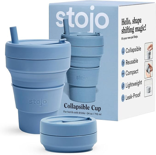 STOJO Titan Collapsible Travel Cup With Straw - Steel Blue, 24oz / 710ml - Reusable To-Go Pocket Size Silicone Cup for Hot & Cold Drinks - Camping and Hiking - Microwave & Dishwasher Safe