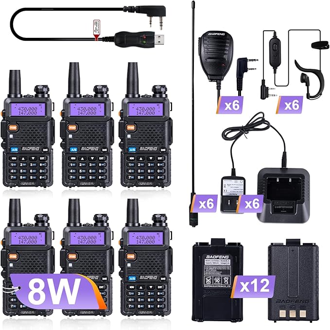 BaoFeng Radio UV-5R Ham Radio (6 Pack) 144-148Mhz/420-450Mhz + 1pcs TIDRADIO Driver Free Programming Cable + 12pcs 1800mAh Batteries BaoFeng Walkie Talkie