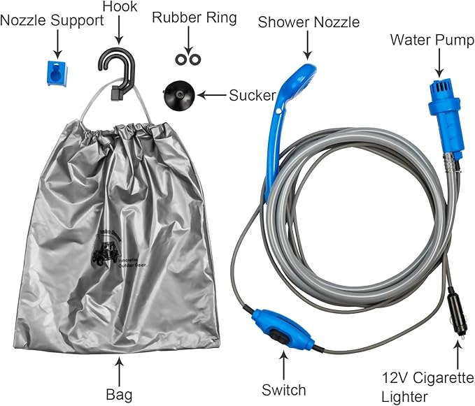 Portable Camping Shower Outdoor Handheld Shower,12V Shower Head with Water Pump and Build-in Water Filtration System for car Washing,Camping,Hiking,Beach,Dog,Flowering Plants