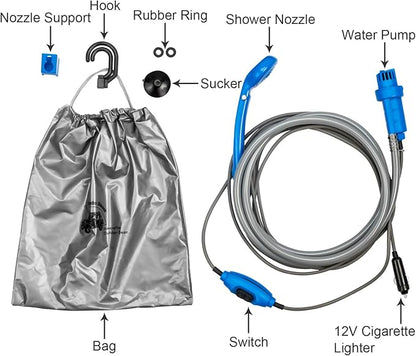 Portable Camping Shower Outdoor Handheld Shower,12V Shower Head with Water Pump and Build-in Water Filtration System for car Washing,Camping,Hiking,Beach,Dog,Flowering Plants