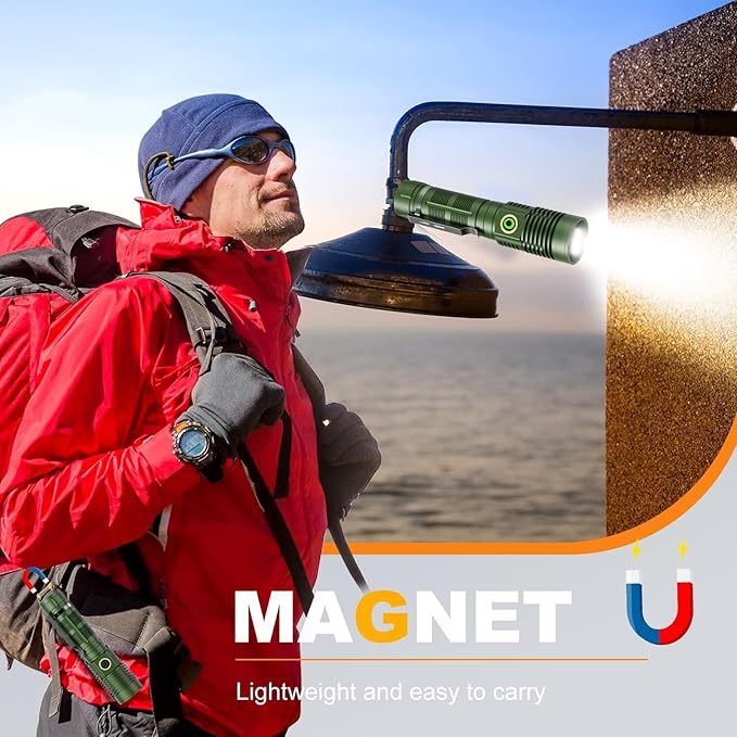 Small Tactical Flashlights 20000 High Lumens - 1500 Meters Long Beam Super Bright LED Magnetic Flashlight USB Rechargeable Zoomable 5Modes Long Beam Spotlight Flashlight for Hiking, Camping-Green