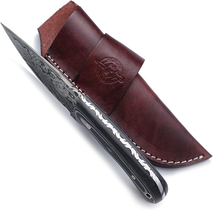 Handmade Damascus Steel Knife Bowie for Hunting,Survival,Camping,Bushcraft,and Fishing Fixed Blade with Drop Point Full Tang Micarta Handle, Leather Sheath - WKD-782