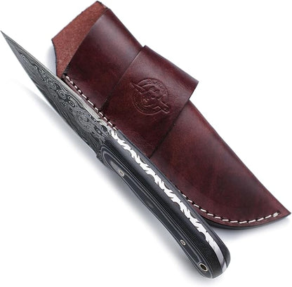 Handmade Damascus Steel Knife Bowie for Hunting,Survival,Camping,Bushcraft,and Fishing Fixed Blade with Drop Point Full Tang Micarta Handle, Leather Sheath - WKD-782
