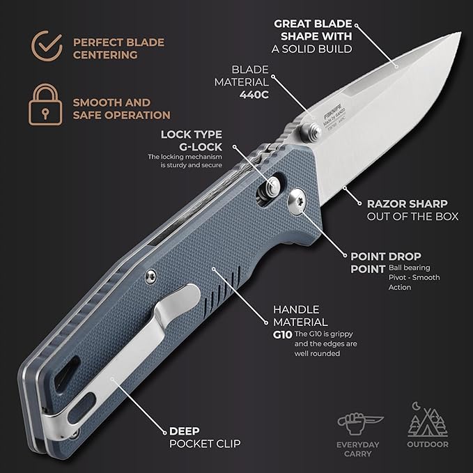 Firebird GANZO F7601 Pocket Folding Knife 440C Stainless Steel Blade G-10 Anti-Slip Handle with Clip Hunting Gear Fishing Camping Folder Outdoor EDC Knife (Grey)