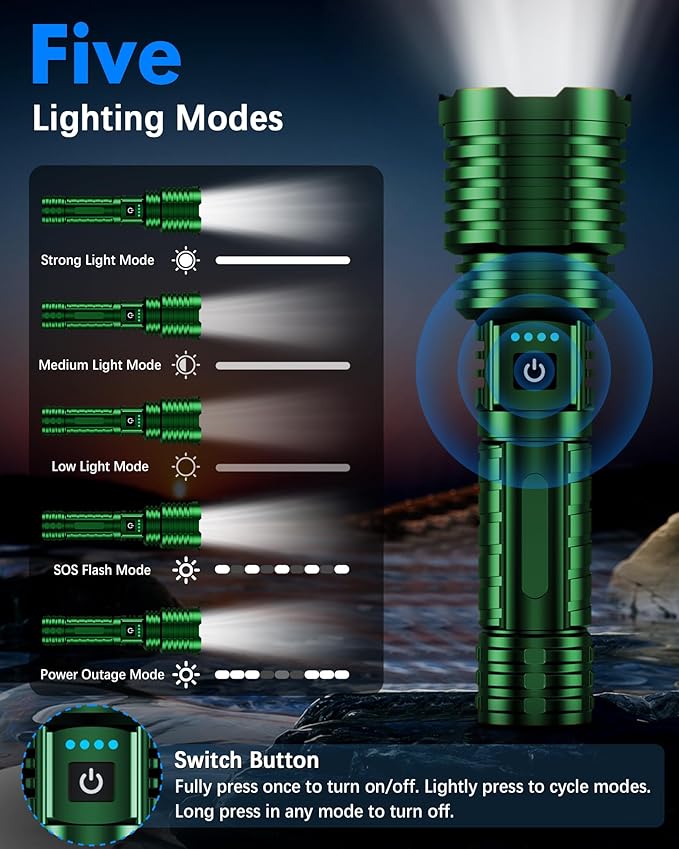 Super Bright Rechargeable LED Flashlights,True 2500000 High Lumens, Powerful Tactical Flashlight Up to 25H Long Battery Life |Zoomable|5Light Modes|IP67 Water Resistant for Camping (Green)