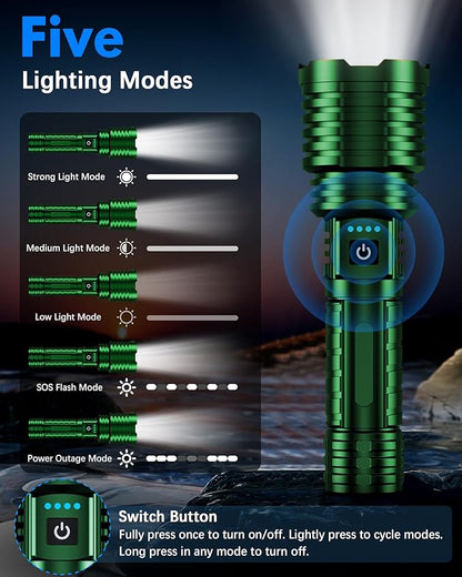 Super Bright Rechargeable LED Flashlights,True 2500000 High Lumens, Powerful Tactical Flashlight Up to 25H Long Battery Life |Zoomable|5Light Modes|IP67 Water Resistant for Camping (Green)