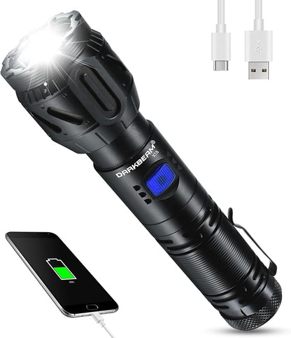 DARKBEAM LED Flashlight High Lumens,Rechargeable 900,000LM Super Bright, Emergency Mobile Charge - 5 Mode, Focusable, Water Resistant, Long Lasting - Handheld Camping Flash Light for Power Outage