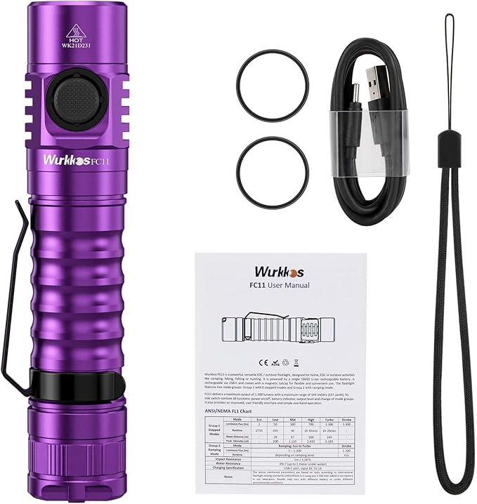 Wurkkos FC11 Powerful Little Flashlights 90CRI Maximum Output 1300LM EDC Torch,IP67 Waterproof Flashlight,Magnetic Tailcap,Great for Walking Home Use(Purple-5000K)