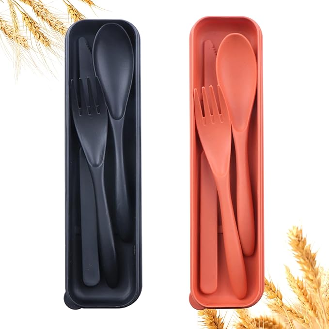Reusable Travel Utensils Set with Case, 2 Sets Wheat Straw Portable Plastic Fork Spoons Knife Camping Cutlery, Eco-Friendly BPA Free Lunch Tableware Travel Picnic Utensils for Kids Adults Daily Use