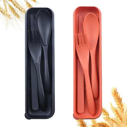 Reusable Travel Utensils Set with Case, 2 Sets Wheat Straw Portable Plastic Fork Spoons Knife Camping Cutlery, Eco-Friendly BPA Free Lunch Tableware Travel Picnic Utensils for Kids Adults Daily Use