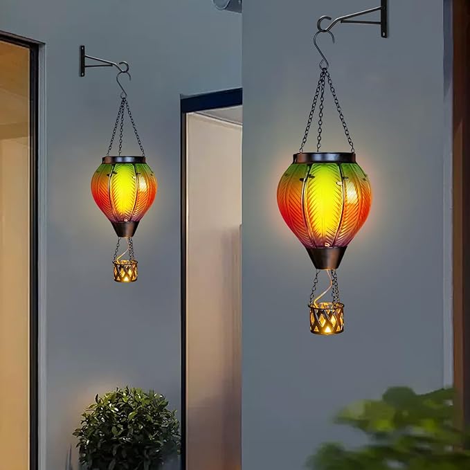 Hot Air Balloon Solar Lantern with Candle Holder Glass Solar Hot Air Balloon Lantern with Flame Solar Hanging Hot Air Balloons Decor for Trees Patio Garden Yard Porch Decor, Multi-Color