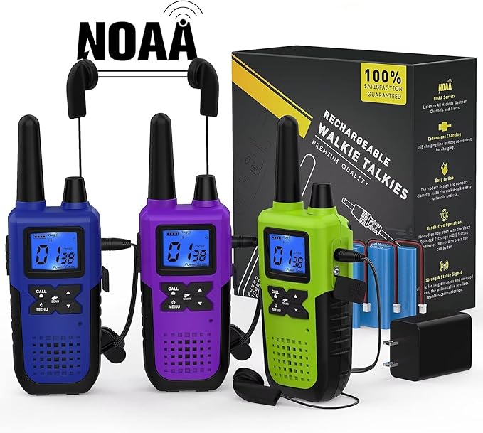 3 Walkie Talkies for Adults Long Range Rechargeable Walkie-Talkies - Long Distance 2 Way Radios Walkie Talkies 3 Pack Walkie Talkies with Earpiece and Mic Set USB Charger Lanyard NOAA Weather Alert