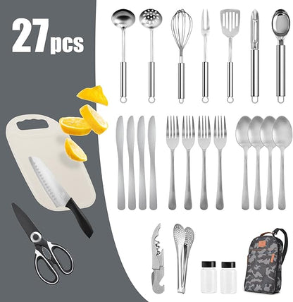 Extremus 27 Pcs Camp Kitchen Cooking Utensil Set Cookware Kit - Travel Organizer Grill Accessories Portable Compact Gear for Backpacking BBQ, Dark Gray Camo