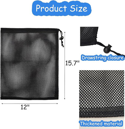 6 PCS Mesh Drawstring Bag 12" x 15.7", Durable Sports Equipment Net Bag Multipurpose Mesh Storage Bags for Tennis Ball, Golf Ball, Swimming, Camping and Travel, Black