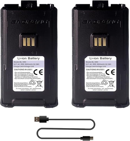 2 Pack BAOFENG UV-5RM Battery 2500mAh Enlarge Capacity for UV-5RH Two Way Radio USB-C Charging 7.4V BL-5RH Li-ion Battery Replacement GM-5RH Walkie Talkie Accessories with Type-c Cable