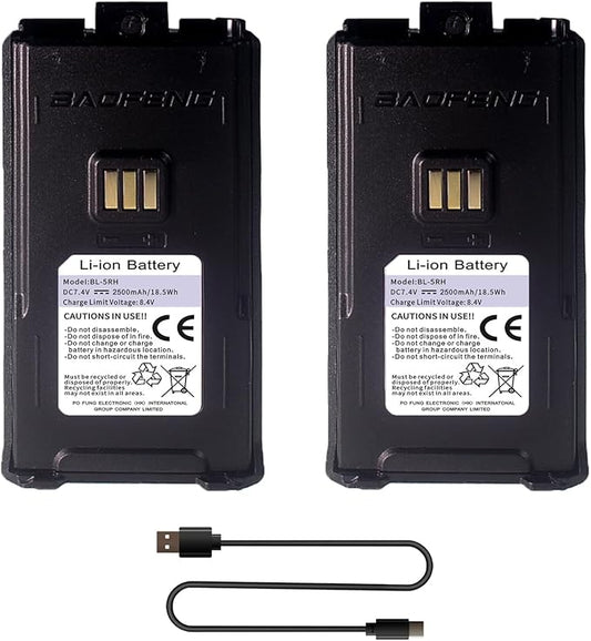 2 Pack BAOFENG UV-5RM Battery 2500mAh Enlarge Capacity for UV-5RH Two Way Radio USB-C Charging 7.4V BL-5RH Li-ion Battery Replacement GM-5RH Walkie Talkie Accessories with Type-c Cable