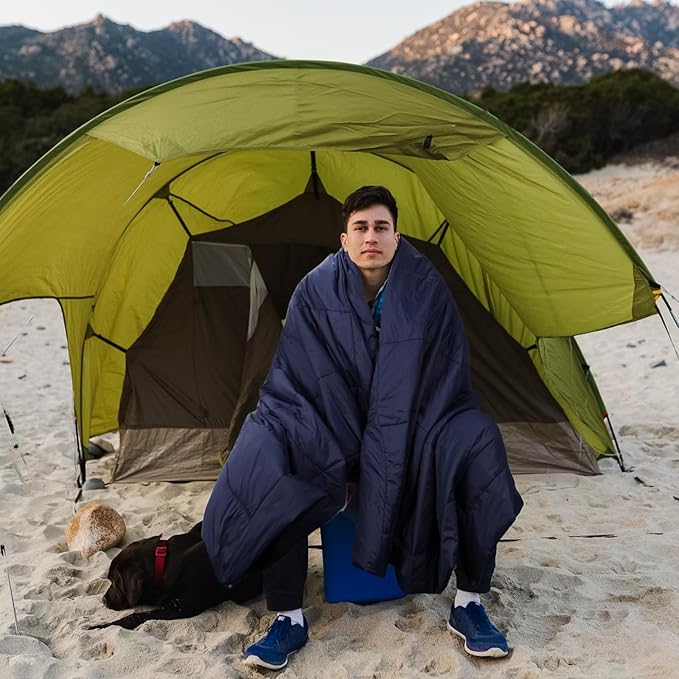 Camping Blanket, Outdoor Windproof Down Camping Blanket, Thicker Water Resistant Lightweight Camping Blanket, Portable, Wearable, Warm for Camping, Traveling, Hiking, Extra Large (79 "x 55"), Navy