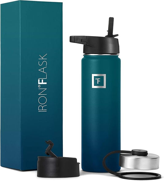 IRON °FLASK Camping & Hiking Hydration Flask, Wide Mouth, 3 Straw Lids, Stainless Steel Outdoor Water Bottle, Double Walled, Insulated Thermos, Metal Canteen - Dark Night, 22 Oz