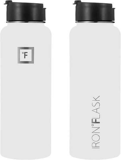 IRON °FLASK Camping & Hiking Hydration Flask, Wide Mouth, 3 Straw Lids, Stainless Steel Outdoor Water Bottle, Double Walled, Insulated Thermos, Metal Canteen - Winter White, 40 Oz