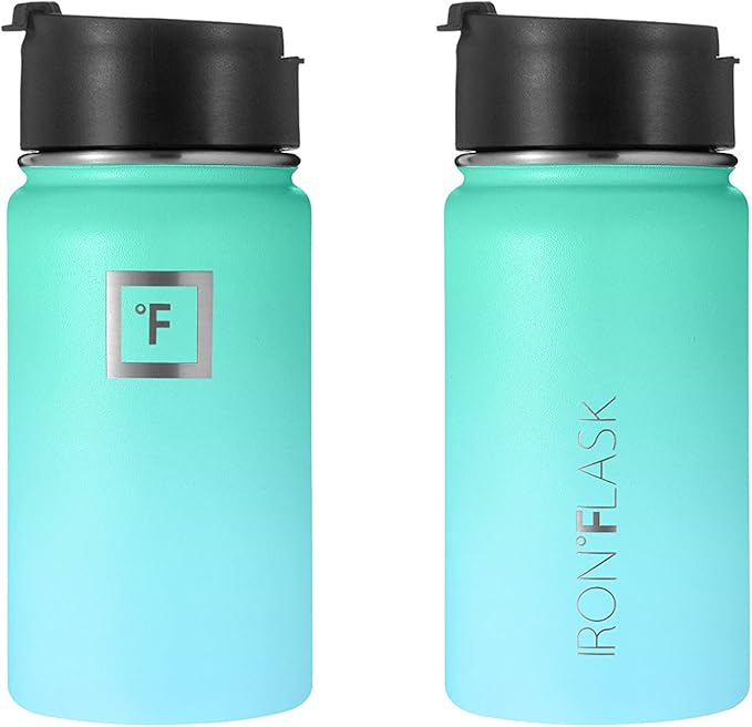 IRON °FLASK Camping & Hiking Hydration Flask, Wide Mouth, 3 Straw Lids, Stainless Steel Outdoor Water Bottle, Double Walled, Insulated Thermos, Metal Canteen - Sky, 14 Oz