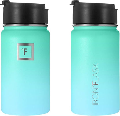 IRON °FLASK Camping & Hiking Hydration Flask, Wide Mouth, 3 Straw Lids, Stainless Steel Outdoor Water Bottle, Double Walled, Insulated Thermos, Metal Canteen - Sky, 14 Oz