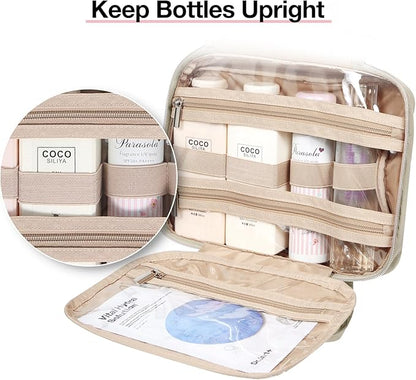 BAGSMART Toiletry Bag Hanging Travel Makeup Organizer with TSA Approved Transparent Cosmetic Bag Makeup Bag for Full Sized Toiletries, Large-Camel