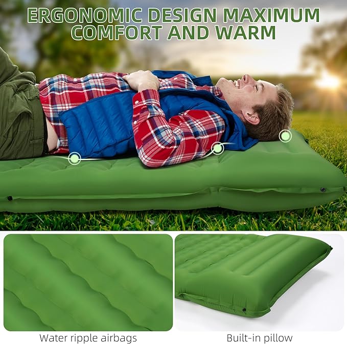 Sleeping Pad Camping, Self Inflating 6'' Extra-Thick with Pillow Built-in Foot Pump Waterproof Inflatable Sleeping Mat Backpacking, Tent, Hiking, Portable Camping Pad (Green)