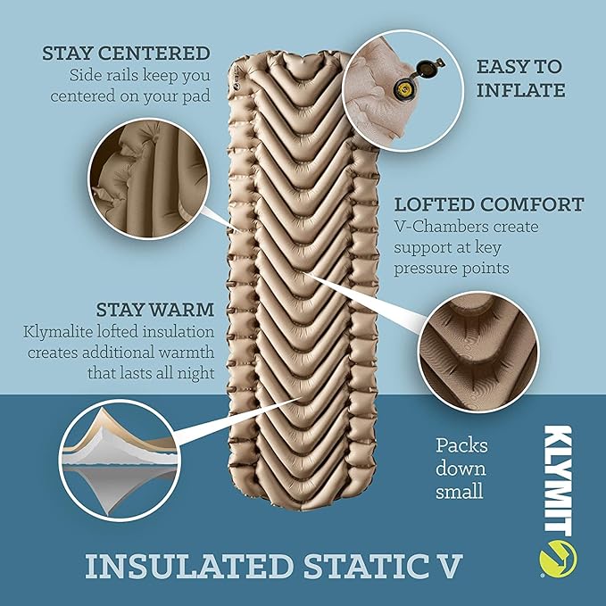 Klymit Luxe Travel Pillow and Insulated Static V Inflatable Sleeping Pad Bundle for Camping and Backpacking
