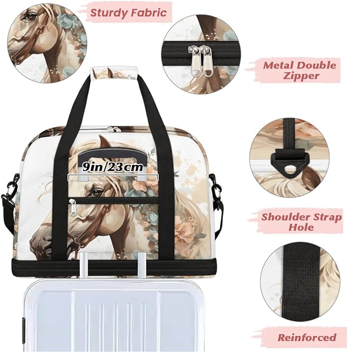 Foldable Travel Duffel Bag, Expandable Weekender Overnight Carry on Bags with Shoe Compartment Sport Tote Gym Luggage for Women Men, Horse