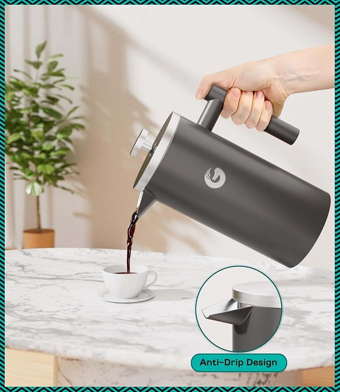 Coffee Gator French Press Coffee Maker - 34oz Double Insulated Stainless Steel Brewer plus Travel Jar Canister, Portable Hot Cold Brew Teapot Cafetera for Coffee Bar Accessories Kitchen Camping, Gray