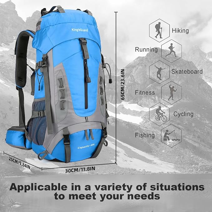 King'sGuard 60L Hiking Backpack Men Women Camping Backpack Waterproof Backpacking Mountaineering Climbing Daypack with Rain Cover (Blue)