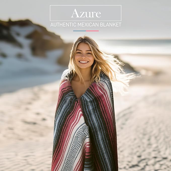 Authentic Large Handwoven Mexican Blanket - Soft Yoga Blanket - Durable Serape Blanket - Lightweight Falsa Blanket, Beach Blanket, Camping Blanket, Picnic Blanket, Outdoor Blanket 70"x50" - Azure