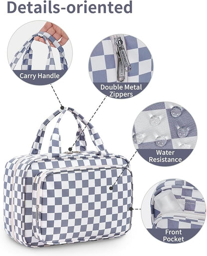 Narwey Travel Toiletry Bag for Women Large Hanging Makeup Bag Organizer Toiletries Bag for Full Size Essentials Accessories Cosmetics (Grayish Blue Checkerboard (Large))