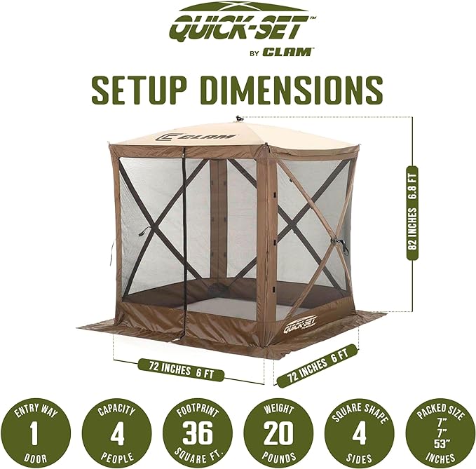 CLAM Quick Set Traveler 6 by 6 Foot Portable Pop Up Outdoor Camping Gazebo Screen Tent 4 Sided Canopy Shelter with Carry Bag and Wind Panel, Brown