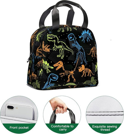 Giwawa Dinosaur Lunch Box for Kids, Colorful Dino Fossil Animal Print Reusable Lunch Bag Thermal Lunch Cooler Tote Bags for Boys Girls Men Women Travel Picnic, Front Pocket & Zipper Closure