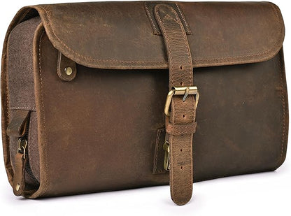 LEATHER VILLAGE Hanging Toiletry Bag for Men & Women, Handcrafted Vintage Cosmetic & Shaving Organizer Travel Dopp Kit- Brown